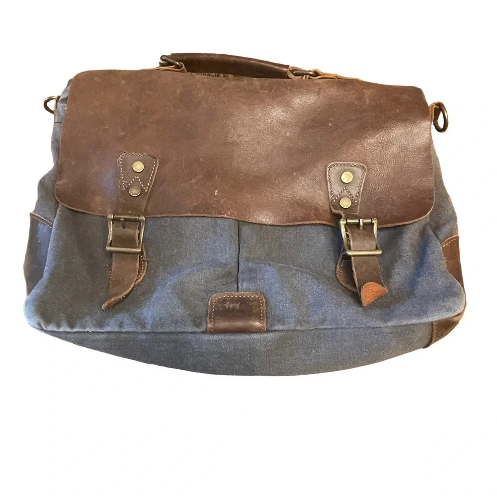 Life Wit Messenger Laptop Bag Leather Canvas Gray Brown Brass Rugged 16x12x4